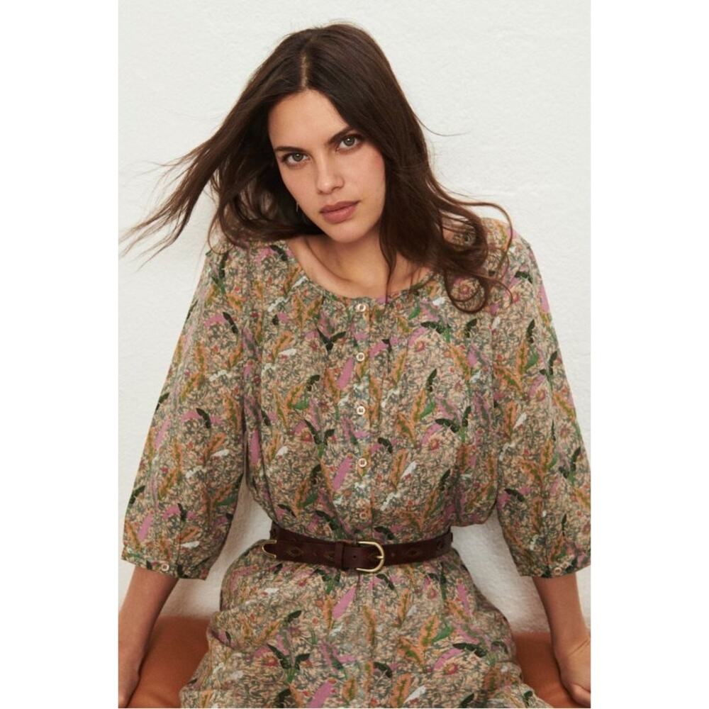 BA&SH Ecru Floral Jerry 3/4 Sleeve Relaxed Scoop Neck Top Large Cotton